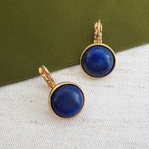 Round Blue Lapis Earrings, Set in Gold Plating, Hangs 7/8" NWT